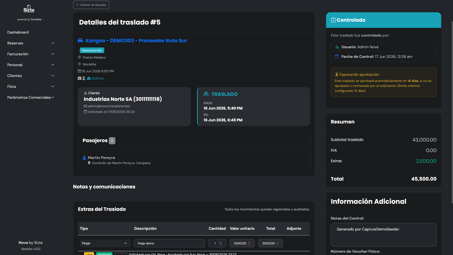 Detalle del traslado en Transferia
